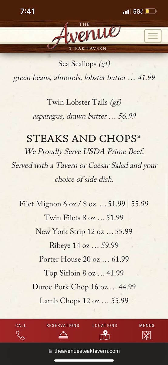 The Avenue Steak Tavern gluten-free menu