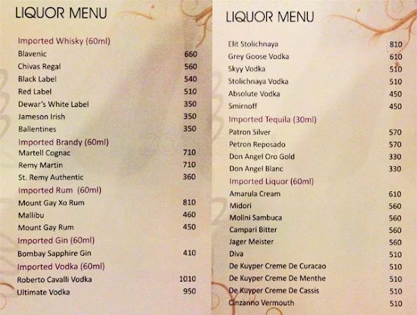 Bliss Bar menu 