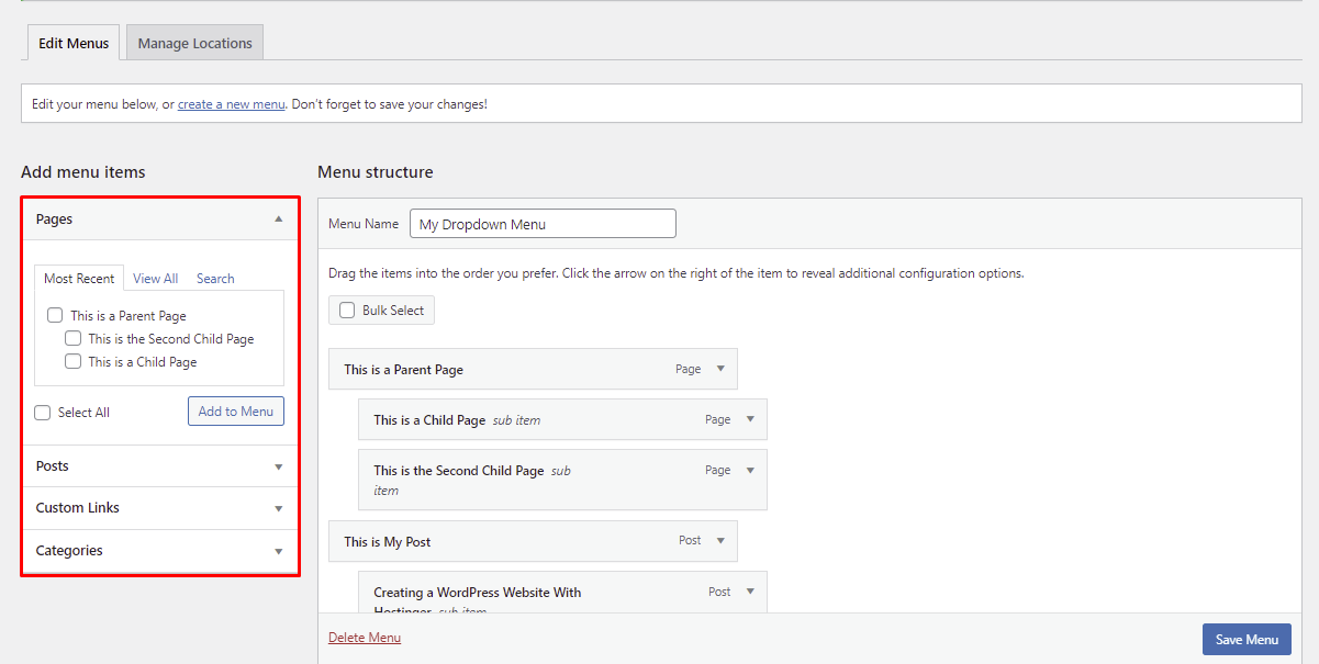 Tela de seleção de elementos de um menu no painel WordPress