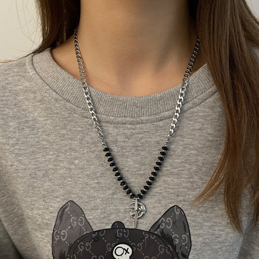Title 1, Black Beads Stitching Asterism Crescent Moon Ne...