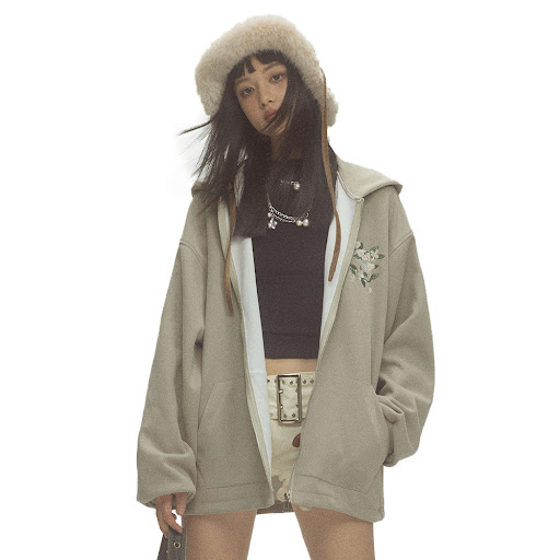 Title 19, Small Floral Vine Embroidery Hooded Loose Coat,...