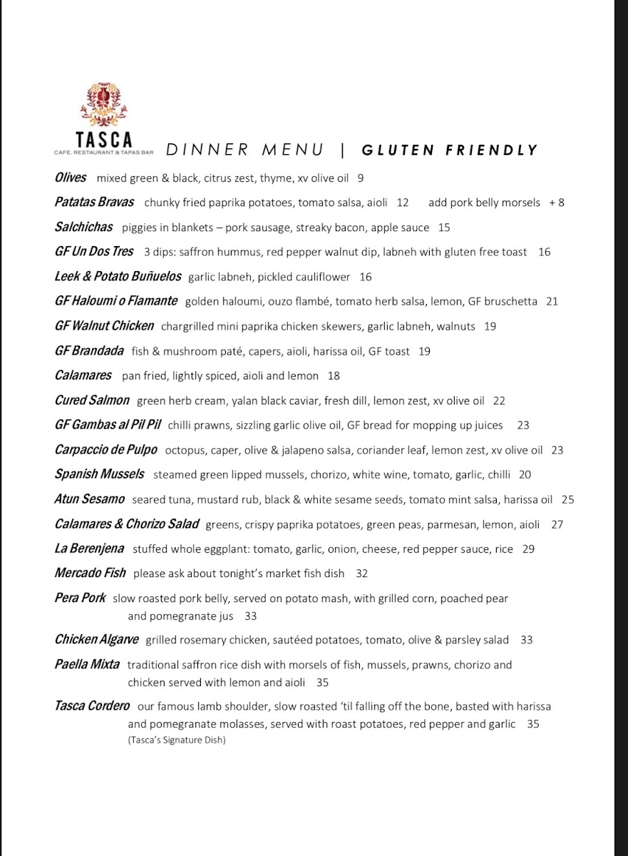 Tasca Beach gluten-free menu