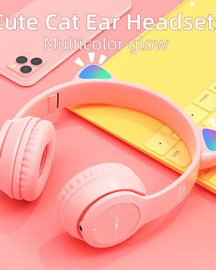 P47M Wireless Bluetooth Headphone Flash Light Cute Cat Ea... - 0