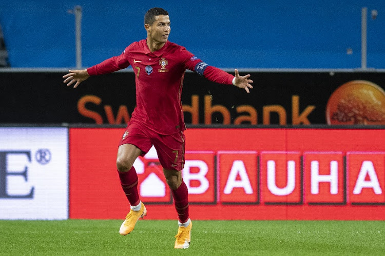 Cristiano Ronaldo of Portugal celebrates after scoring the 0-1 goal during the UEFA Nations League group stage match between Sweden and Portugal at Friends Arena on September 8, 2020 in Stockholm, Sweden.