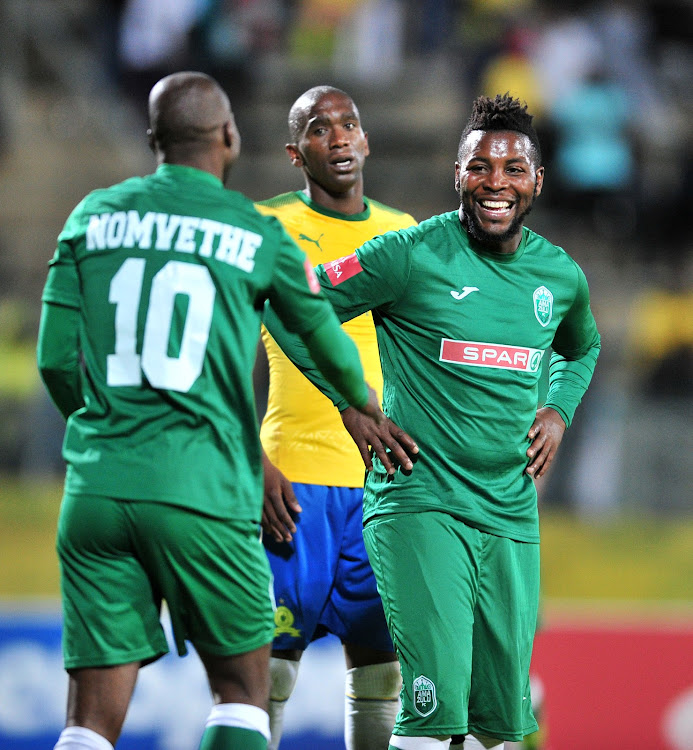 Siyabonga Nomvete and Mabhuti Khenyeza of AmaZulu during the Absa Premiership 2017/18 football match between Mamelodi Sundowns and AmaZulu at Lucas Moripe Stadium, Pretoria on 21 October 2017.