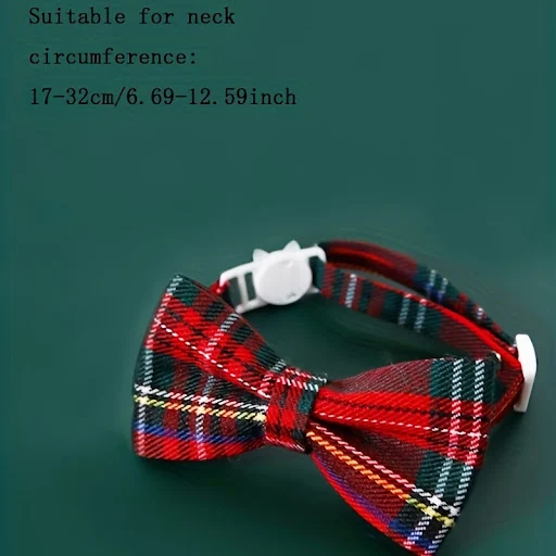 1pc Pet Breakaway Cat Collar Bow Tie and Bell Cute Plaid Christmas Red Elastic Adjustable Dog Collar With Sash Small Bel