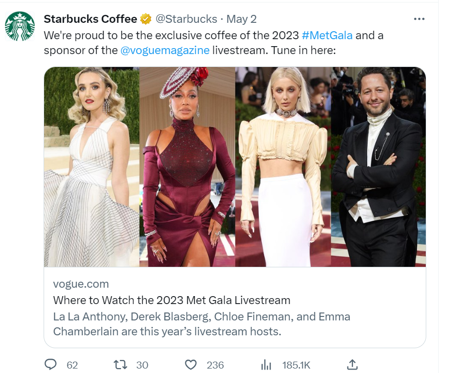 Starbucks posting on Twitter about the Met Gala 2023 and Vogue Magazine