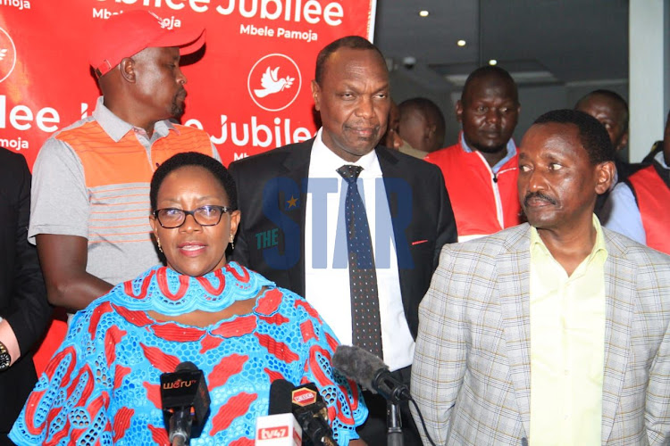 Former Water and Sanitation Cabinet Secretary Sicily Kariuki with her husband Zabby Kariuki when she announced her withdrawal from Nyandarua governorship race at the Jubilee Party headquarters on Thursday, April 28, 2022.