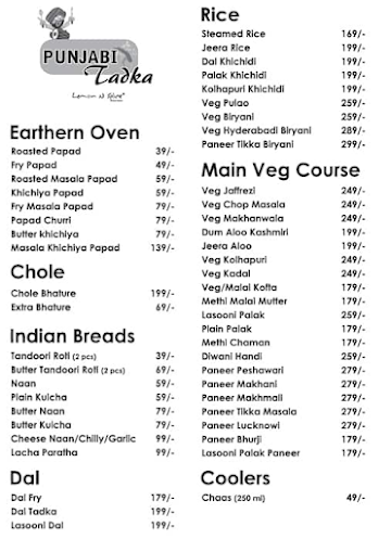 Panjabi Tadka menu 