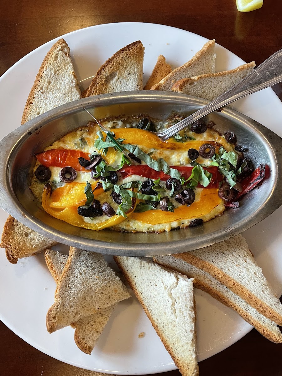 Artichoke dip with olives and peppers was VERY salty. Came with GF Udi's toast.