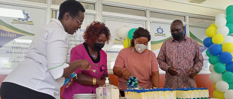 Vocational Principal Secretary Dr. Margaret Mwakima with Technical and Vocational Education Training Authority (TVETA) Board chairperson Prof Florence Indede and Board director general Dr Kipkirui Langat during the opening of TVETA Western Region office in Kisumu.