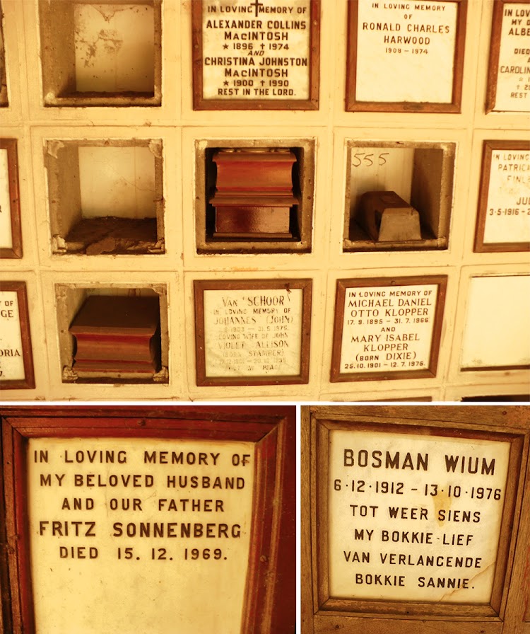 TOP: Some of the niche graves have been neglected, but it is the families' duty to look after them. In general, they are well cared for. BOTTOM LEFT: The memorial plaque of Fritz Sonnenberg, the mayor of Cape Town between 1951 and 1953. BOTTOM RIGHT: Bokkie Sannie longing for her Bokkie Wium.