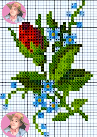 Esquema de rosa y flores en punto de cruz 