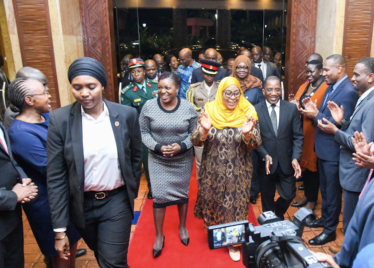 Tanzania President Samia Suluhu Hassan after arriving in Kenya on Sunday, April 28, 2024. She was received by Health CS Susan Nakhumicha Wafula.