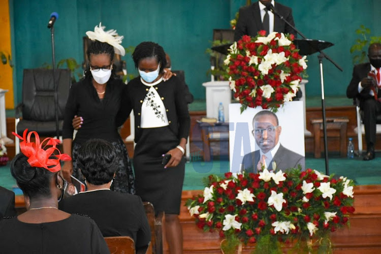 Family of the late lawyer Evans Monari during his memorial service at SDA Church, Nairobi on October 14, 2021. PHOTO/MERCY MUMO