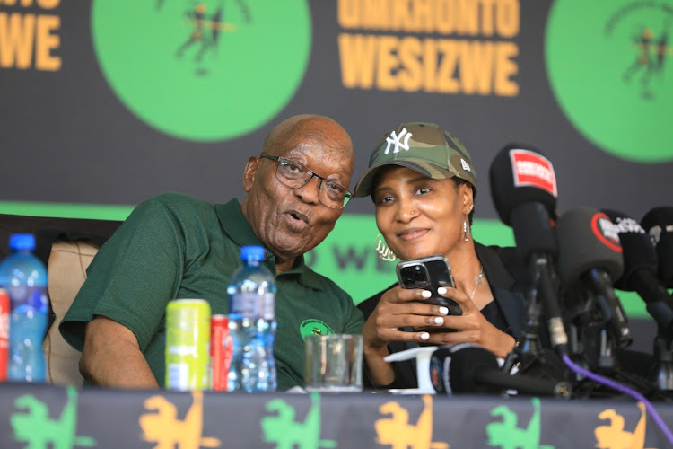 Former president Jacob Zuma and his daughter Duduzile addressing media at a press briefing in Orlando, Soweto. File image.