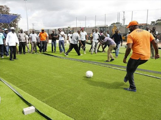 ODM leader Raila Odinga and Governor Hassan Joho during the inspection of the Uwanja wa Mbuzi soccer stadium at Nyali, Mombasa on Saturday, March 25, 2017. /COURTESY