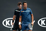 Hugo Dellien of Bolivia and Juan Ignacio Londero of Argentina talk tactics during their Men's Doubles first round match against Marcelo Arevalo of El Salvador and Jonny O'Mara of Great Britain on day three of the 2020 Australian Open at Melbourne Park on January 22, 2020 in Melbourne, Australia. 