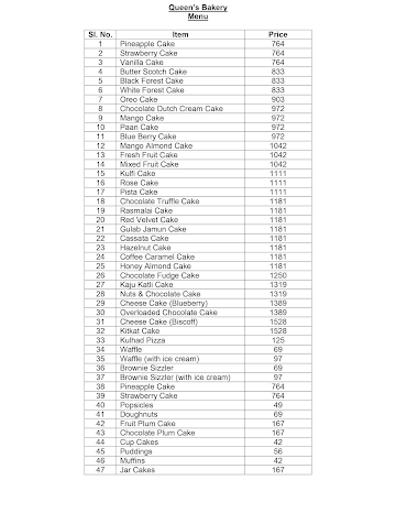 Queen's Bakery menu 