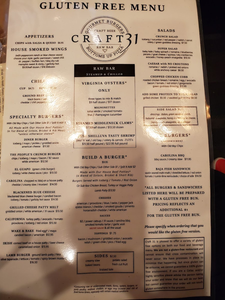 Craft 31 gluten-free menu