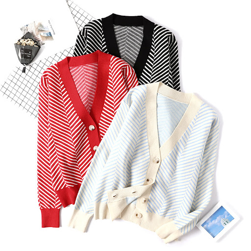 Title 3, Womens Stitching Contrast Striped Cardigan Jac...