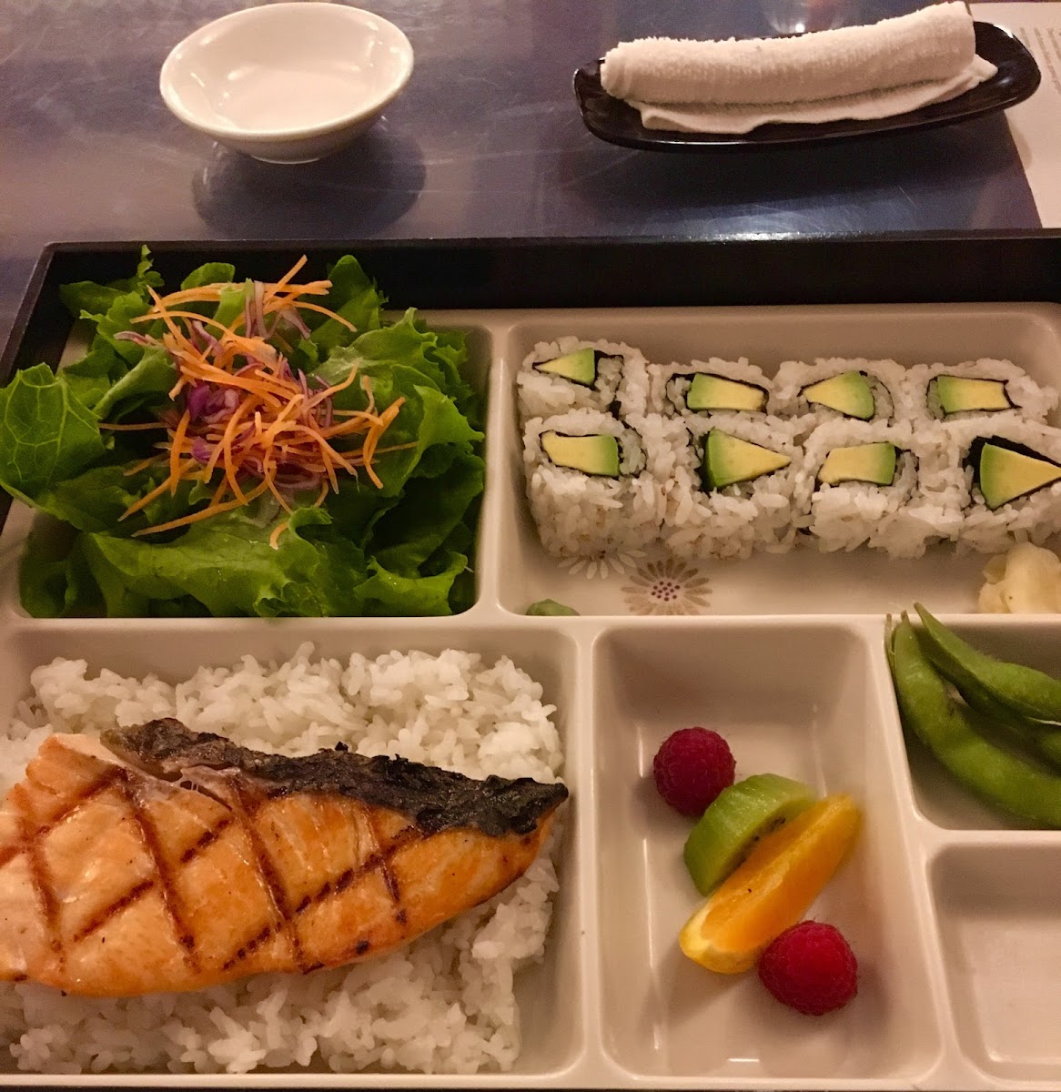 Salmon bento box. Gluten free soy sauce, salad dressing, and teriyaki sauce was brought for me on the side.