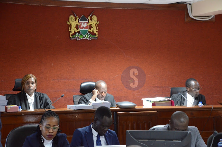 A Three judge bench Fridah Mugambi, Alfred Mabeya and Robert Limo during the hearing of Social Health Insurance Fund at Milimani Law Courts on March 20, 2024./DOUGLAS OKIDDY