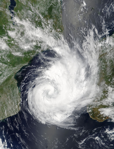 NASA's Terra satellite captured this visible image of Tropical Cyclone Dineo in the Mozambique Channel on Feb. 14, 2017 at 2:45 a.m. EST (0745 UTC). Madagascar is to the east (right) and Mozambique lies to the west (left).