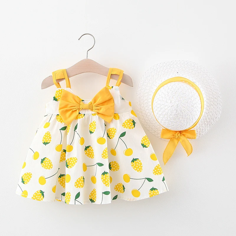 Baby girl big strawberry floral print dress and hat set, a perfect summer outfit, comfortable and adorable, ideal for pi
