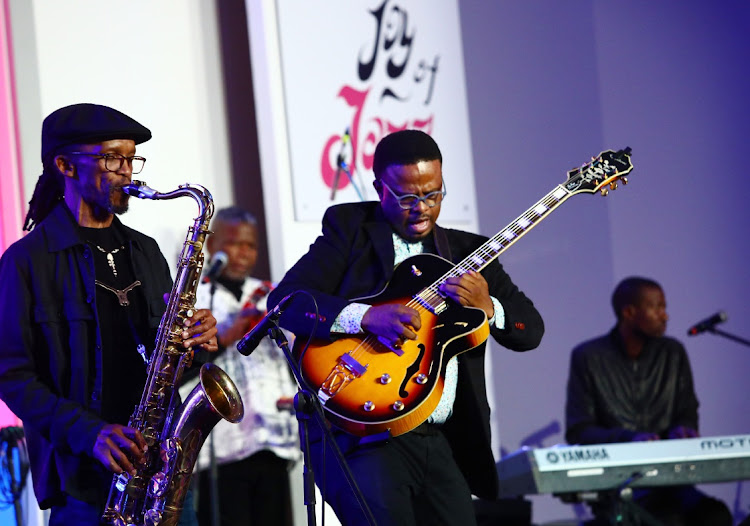 McCoy Mrubata and Billy Monama perform during the announcement of the Standard Bank Joy of Jazz artist line-up held at Hill on Empire