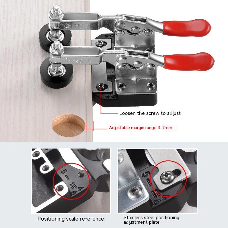 Punção de posicionamento de dobradiça com braçadeira dupla 35mm para marcenaria. Instale portas de armário e móveis com precisão e rapidez.