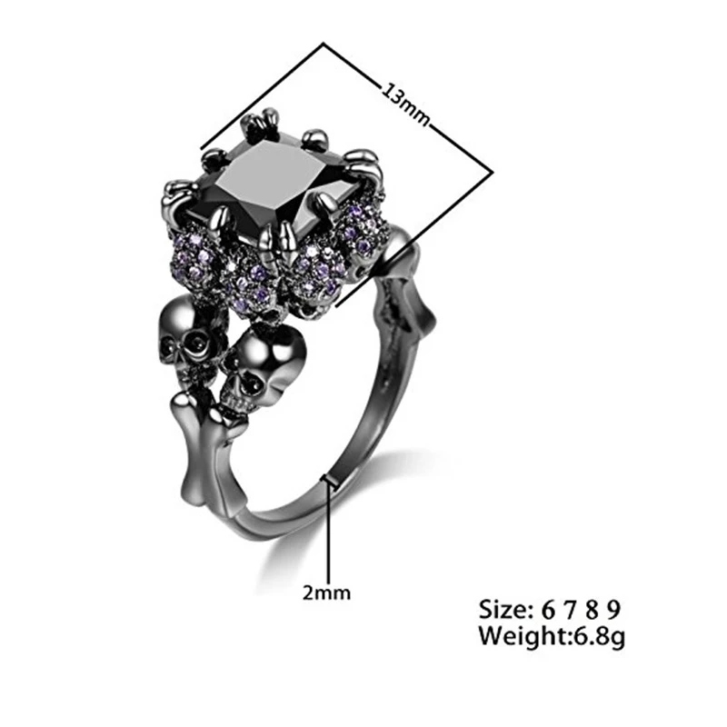 Zwarte schedel zirkonia ring, trendy gothic mode accessoire voor heren en dames, uniek design, perfect als cadeau voor een speciaal persoon.