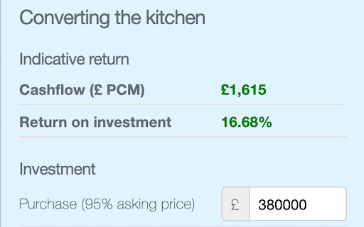 Converting the kitchen Indicative return Cashflow PCM) £1,615 Return investment 16.68% Investment Purchase (95% asking price) 380000 