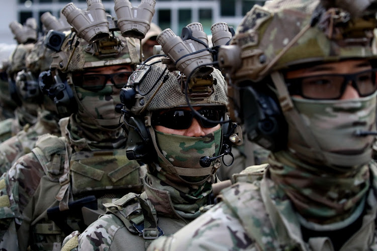 South Korean soldiers participate in an anti-terror and anti-chemical terror exercise at Kintex on October 27, 2022 in Goyang, South Korea. The drill comes amid international concerns about terrorism, natural disasters and concerns over North Korea.