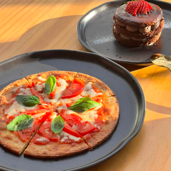 Gluten free pizza + gluten free triple chocolate cake for dessert