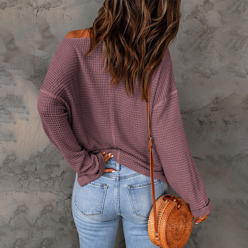 Title 6, Waffle Long Sleeve Pullover Loose Casual Knitte...