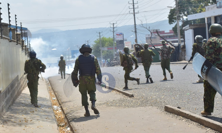 Anti-government protesters engage anti-riot police officers running battles at Jua Kali on July 19, 2023.