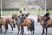 Members of The Kings Troop Royal Horse Artillery complete The Death Gun Salute to mark the passing of Britain's Prince Philip, Duke of Edinburgh, at the Parade Ground, Woolwich Barracks, on April 10, 2021 in London, United Kingdom. 