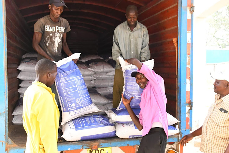 Workers offload subsidised fertiliser for distribution to farmers in Nandi county