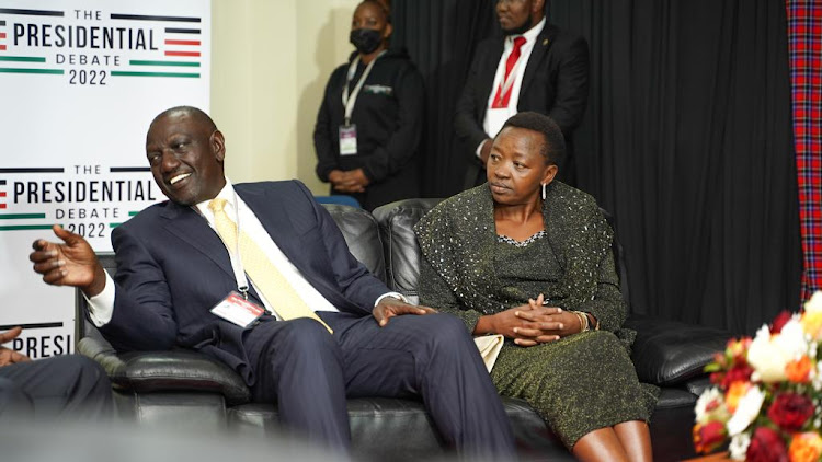 Deputy President William Ruto and his wife Mama Rachel Ruto at the Catholic University of Eastern Africa on July 26,2022 during the presidential debate.