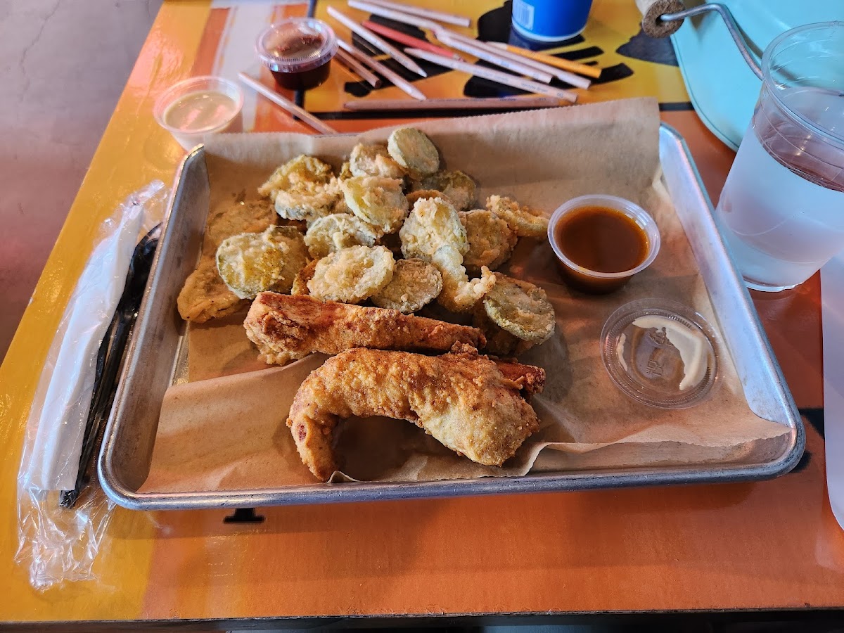 Chicken tenders and fried pickles!