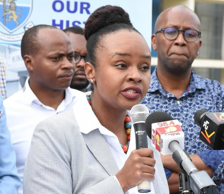 Chief Administrative Secretary Mercy Mwangangi giving an update of the recent case of COVID-19's first case reported in the country at KNH on March 14, 2020.