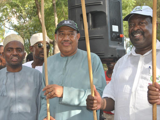 Faza MCA Moha- med Abasi, Lamu Governor Issa Timamy and ANC leader Musalia Mudavadi join Kirumbizi tradi- tional dancers of Bajun in Faza on November 4