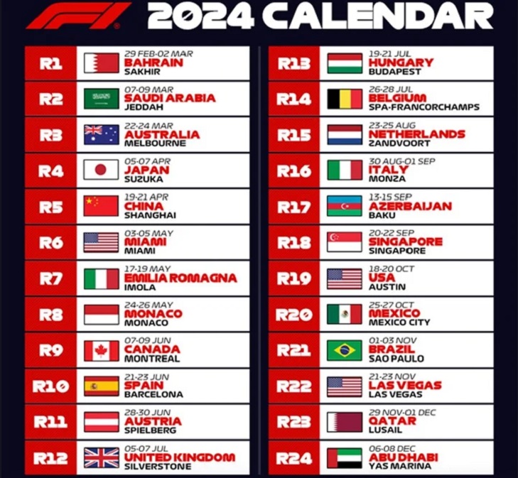 2024 F1 calendar: Formula 1 announces calendar for 2024