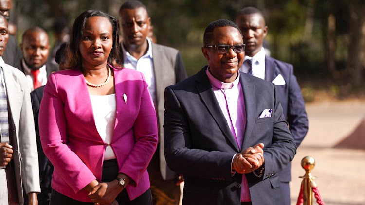 Agano party presidential candidate David Mwaure and running mate Ruth Mutua arriving for presidential debate at CUEA on Tuesday, July 26,2022.