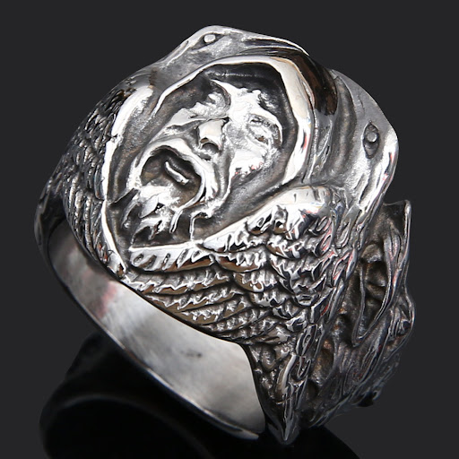Title 5, Quake Wolf Head Ring Mens Vintage Rune Titaniu...
