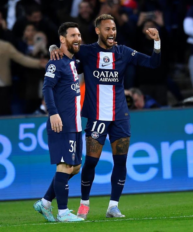 PSG's Lionel Messi and Neymar celebrate in a past match