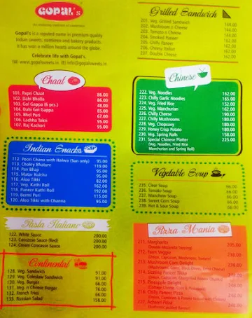 Gopal Sweets menu 