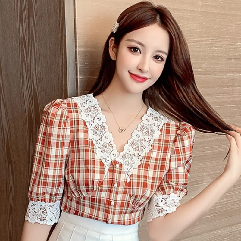 Title 2, Camisa xadrez vermelha vintage feminina, top cu...
