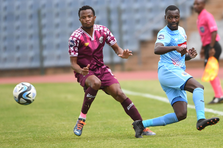 SuperSport United's Gamphani Lungu, right, during the DStv Premiership match against Moroka Swallows at Dobsonville Stadium on Friday.